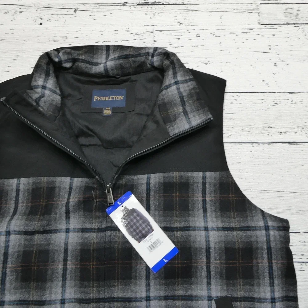 Pendleton Vest Mens Large Black Plaid Wool Quilted Full Zip Insulated Outdoor